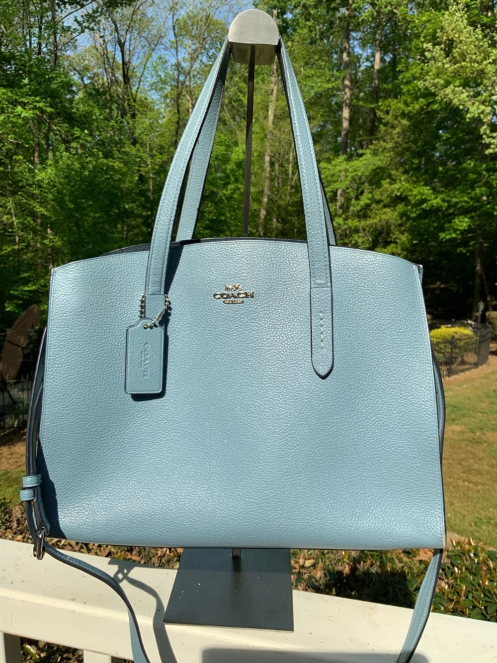 Coach Charlie Pale Blue Pebbled Leather Tote with Removable Strap - Picture 9 of 16